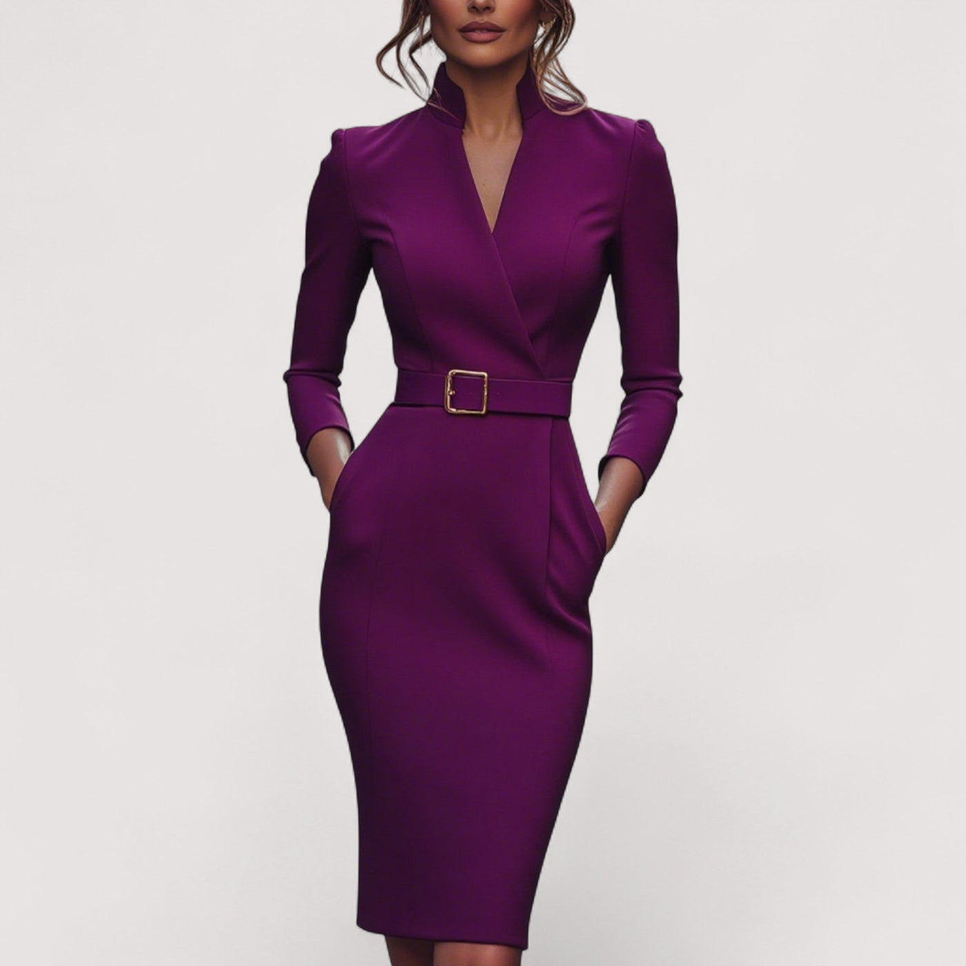 Nora™ | Elegantna crna haljina s remenom i mandarinskim ovratnikom