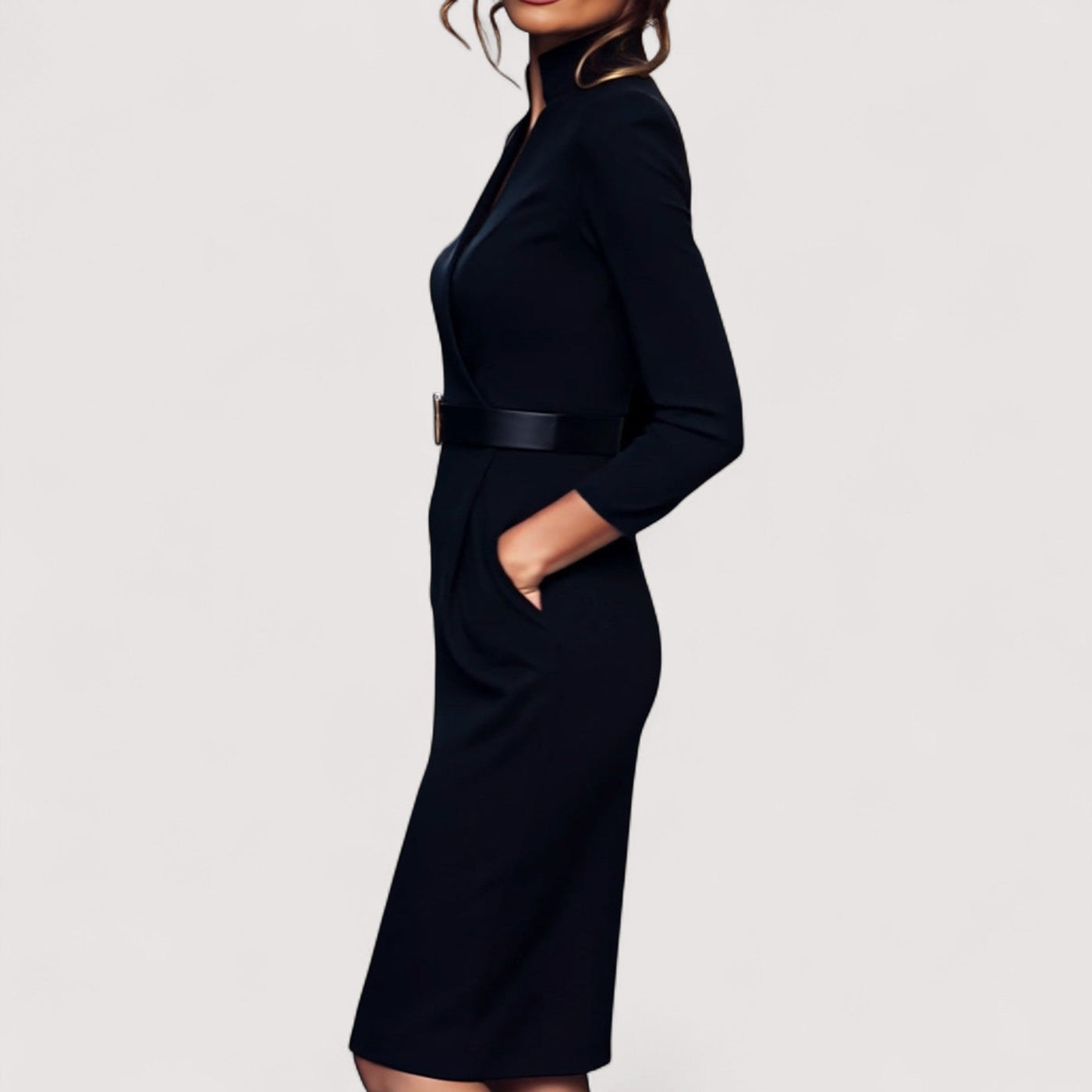 Nora™ | Elegantna crna haljina s remenom i mandarinskim ovratnikom