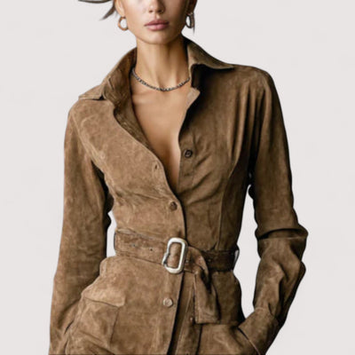 Elvia™ | Midi haljina od brušene kože s jednim kopčanjem, reverom i dugim rukavima