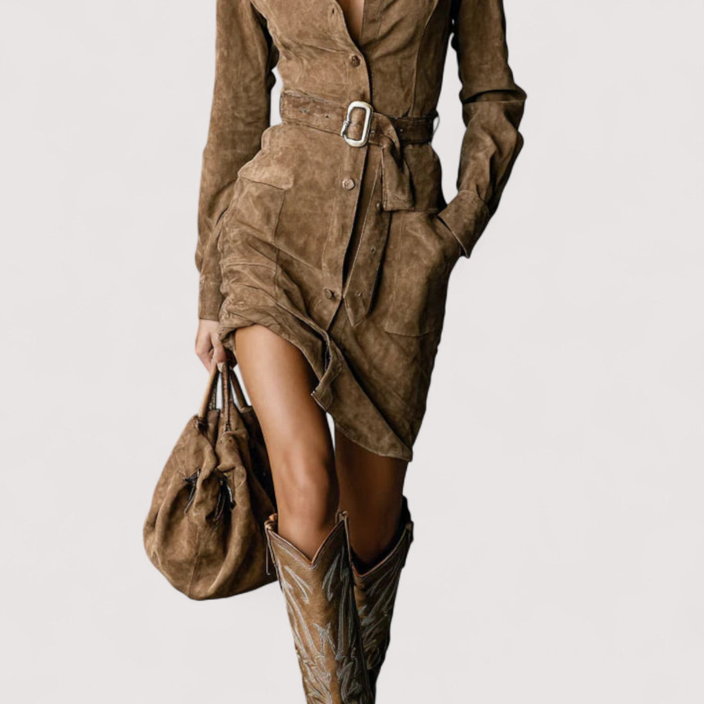 Elvia™ | Midi haljina od brušene kože s jednim kopčanjem, reverom i dugim rukavima