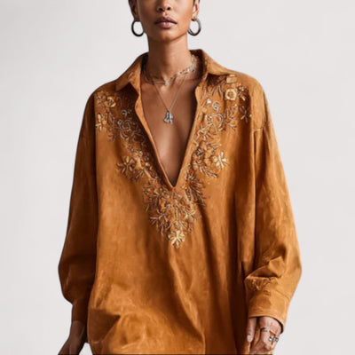 Isola™ | Opuštena midi haljina s ovratnikom na V-izrez i dugim rukavima s printom