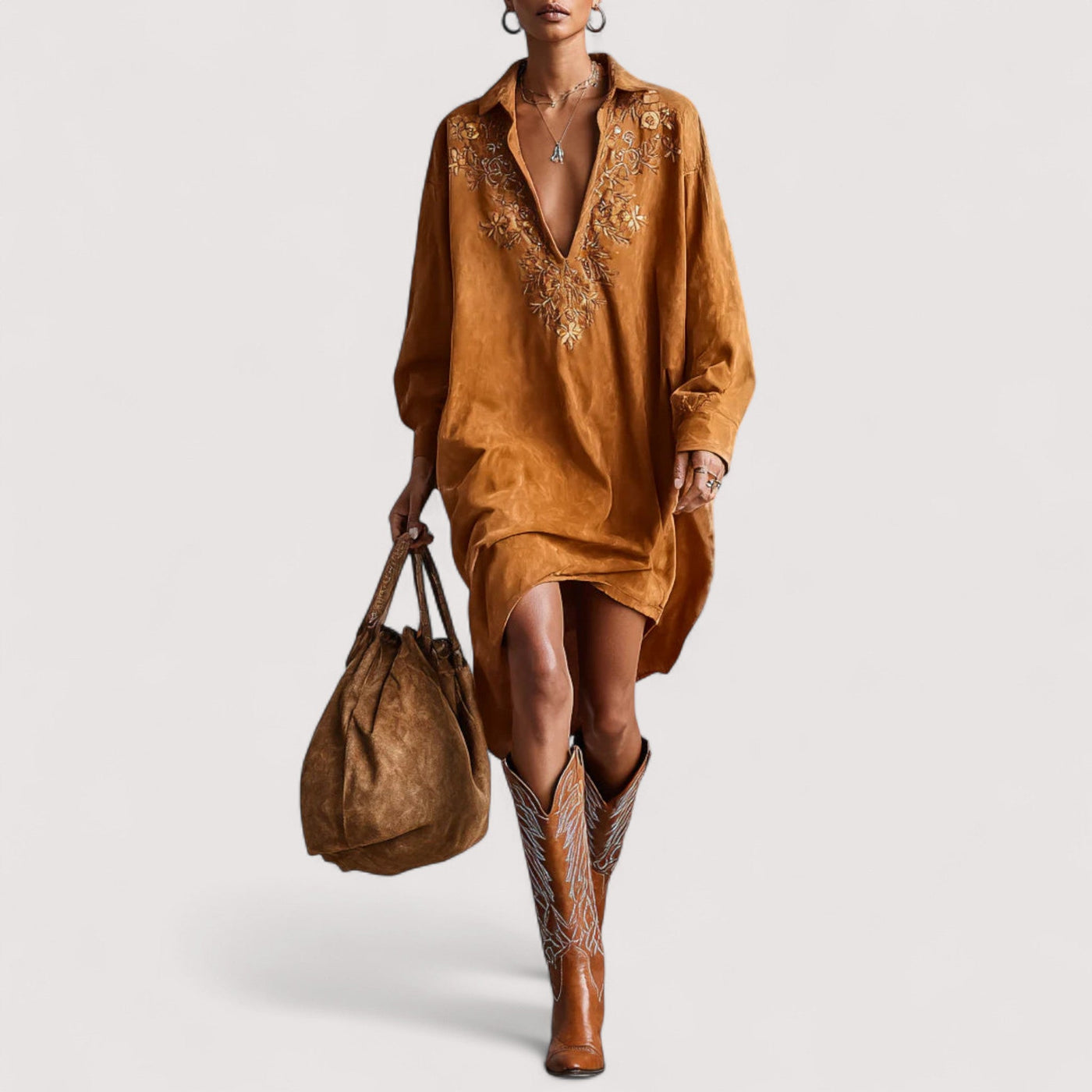 Isola™ | Opuštena midi haljina s ovratnikom na V-izrez i dugim rukavima s printom