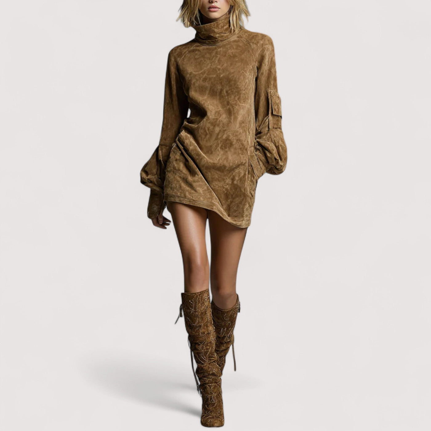 Inara™ | Vintage opuštena mini haljina od brušene kože s dolčevitim ovratnikom