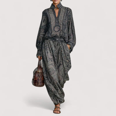 Aveline™ | Vintage set od dva dijela s majicom dugih rukava s Paisley printom i hlačama