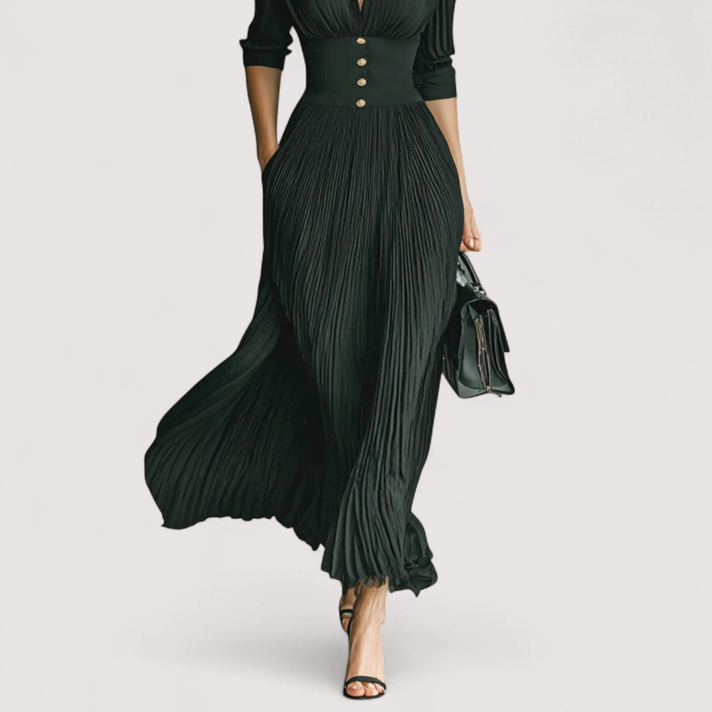 Lorien™ | Elegantna, plisirana maksi haljina s reverom, strukiranim krojem i dugim rukavima