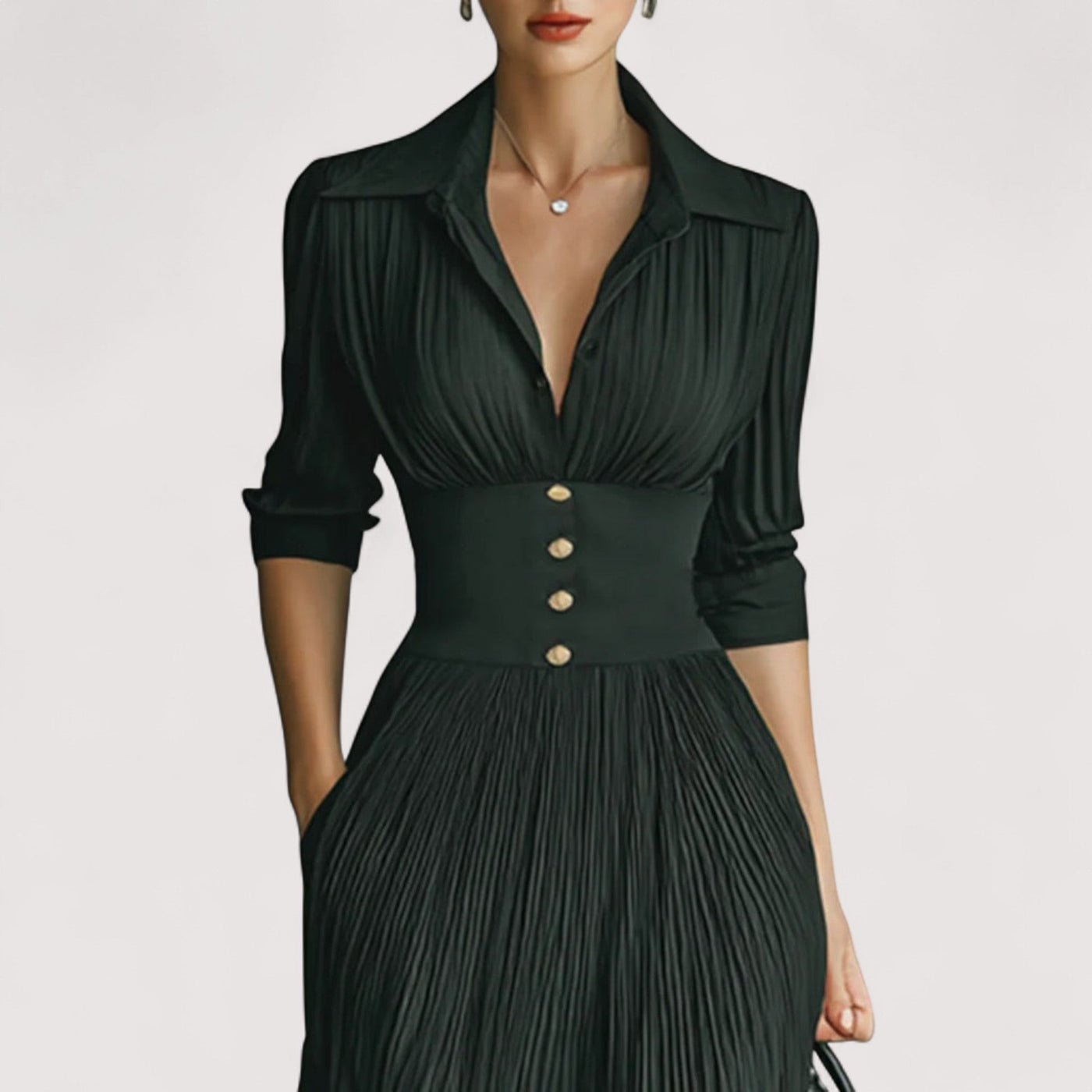 Lorien™ | Elegantna, plisirana maksi haljina s reverom, strukiranim krojem i dugim rukavima