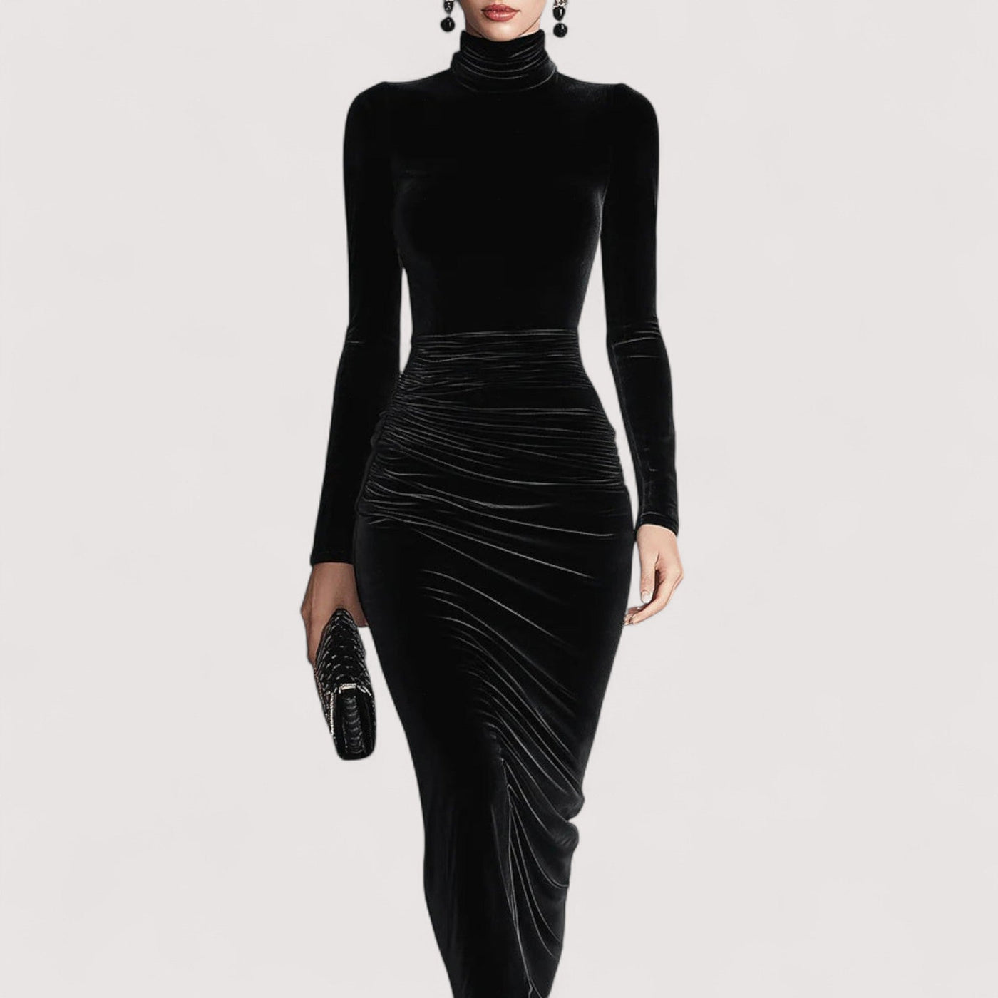 Anora™ | Crna elegantna baršunasta pripijena haljina s visokim ovratnikom