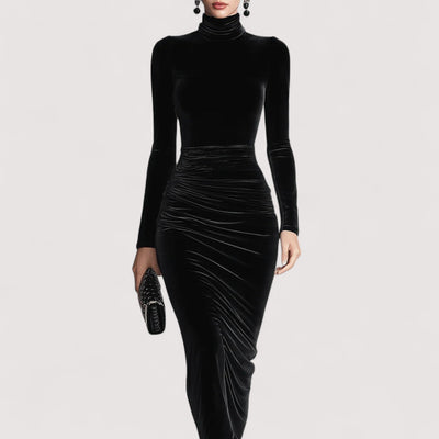 Anora™ | Crna elegantna baršunasta pripijena haljina s visokim ovratnikom