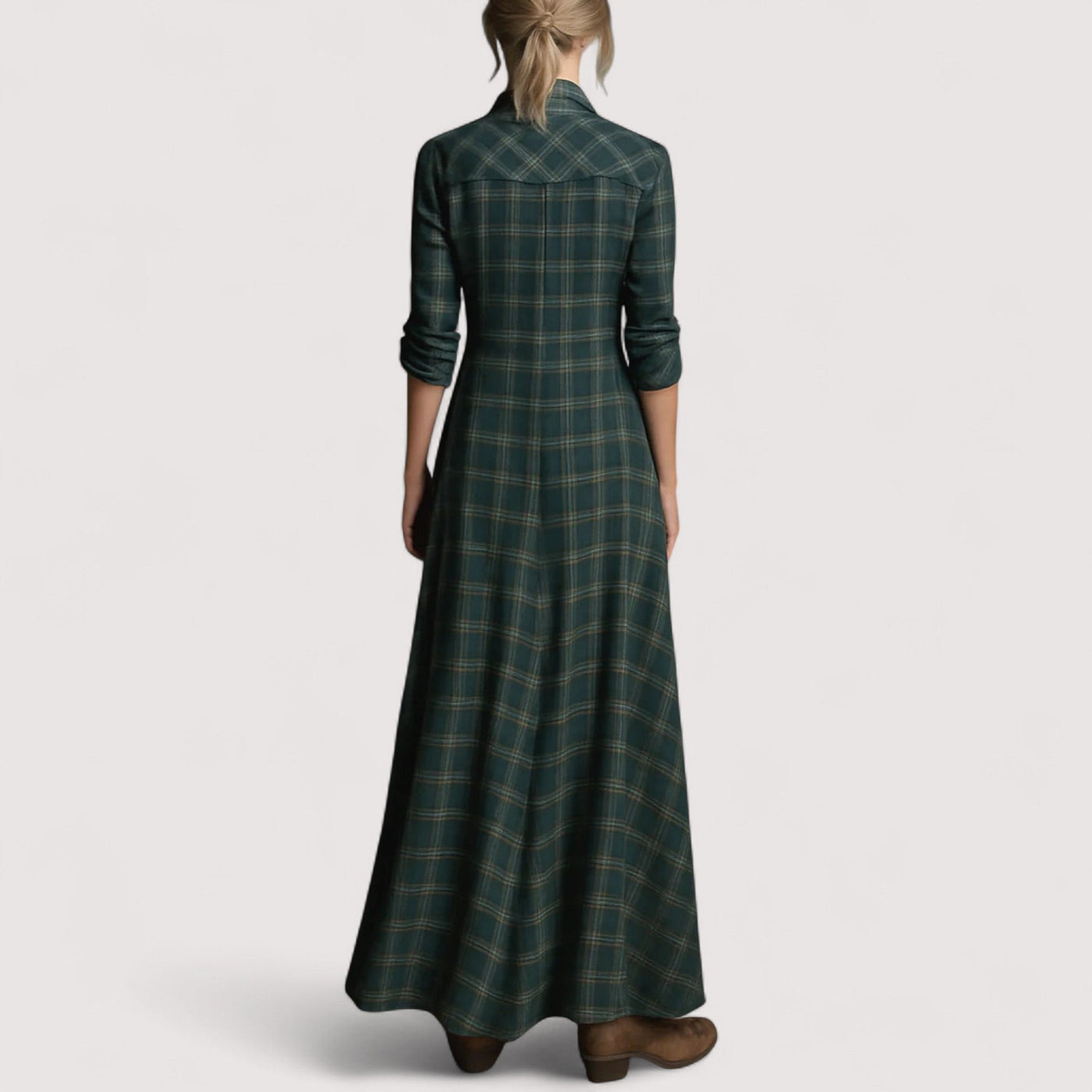 Fiora™ | Zelena maksi haljina kroja košulje, s kariranim uzorkom, reverom i jednim redom gumba