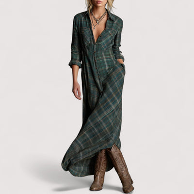 Fiora™ | Zelena maksi haljina kroja košulje, s kariranim uzorkom, reverom i jednim redom gumba