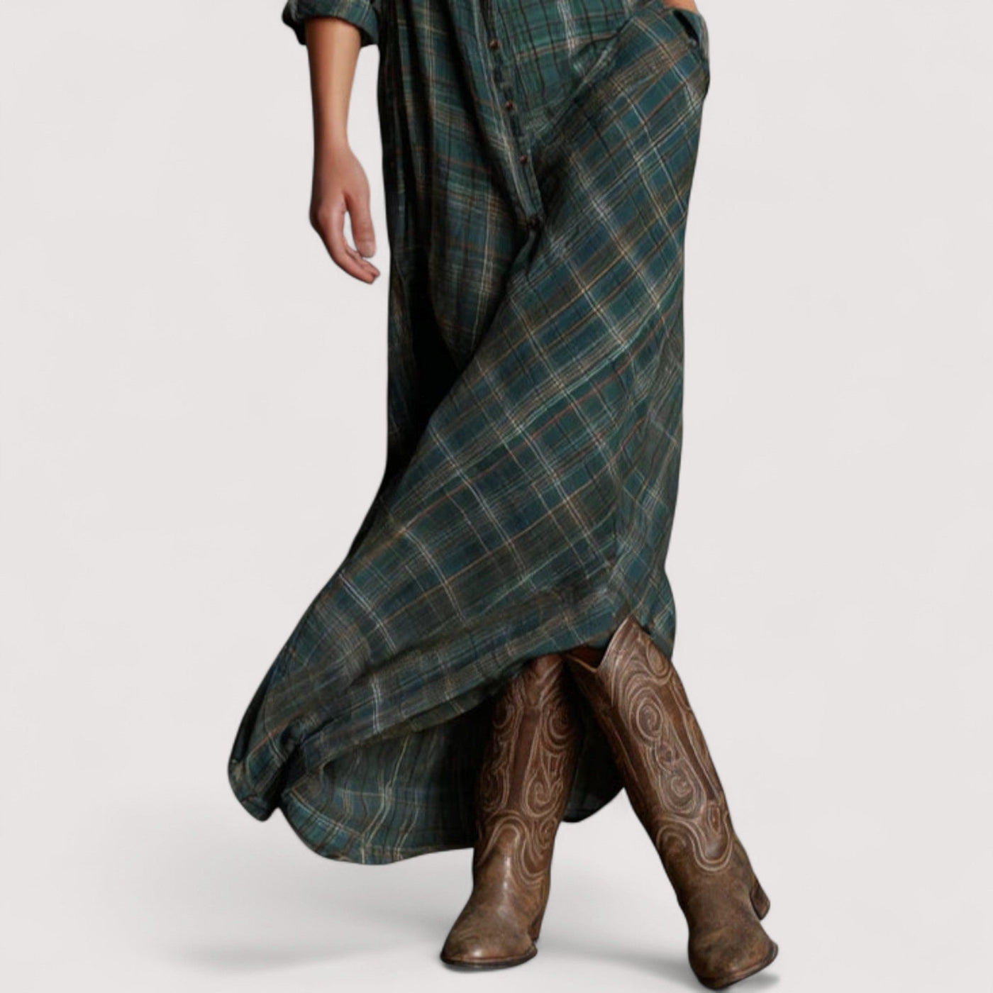 Fiora™ | Zelena maksi haljina kroja košulje, s kariranim uzorkom, reverom i jednim redom gumba