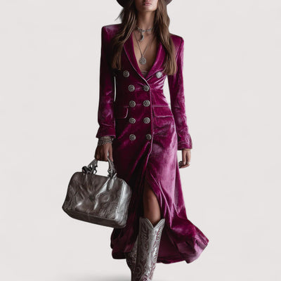Evelis™ | Ljubičasta dugačka haljina s gumbima, baršunastog materijala i kroja sakoa