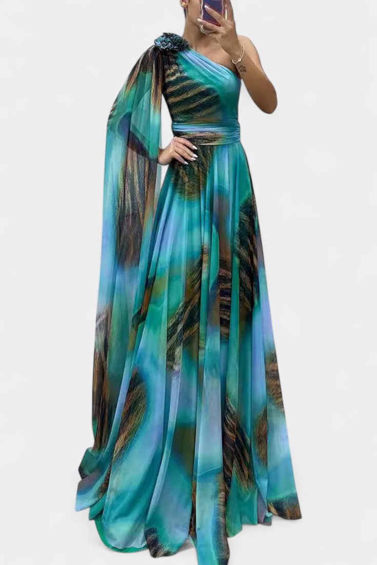 Nives Haljina Duga s Jednim Ramenom s Cvjetnim Detaljom