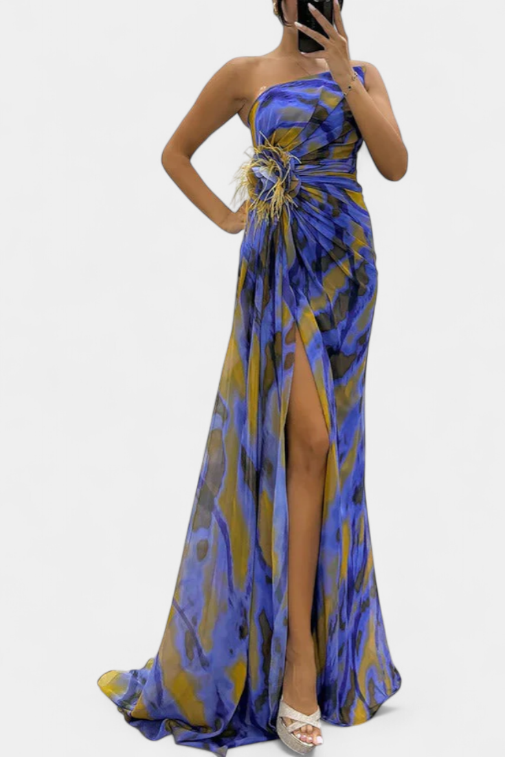 Blanka Maxi Asimetrična Haljina s Vibrantnim Uzorkom