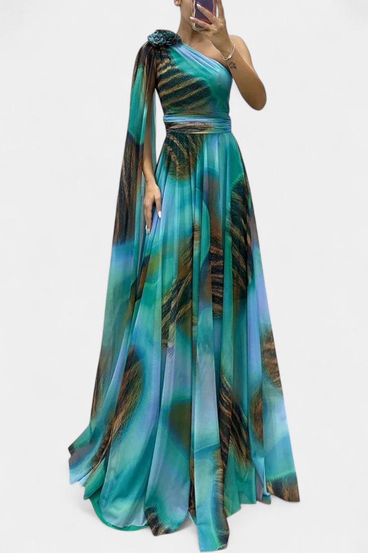 Nives Haljina Duga s Jednim Ramenom s Cvjetnim Detaljom