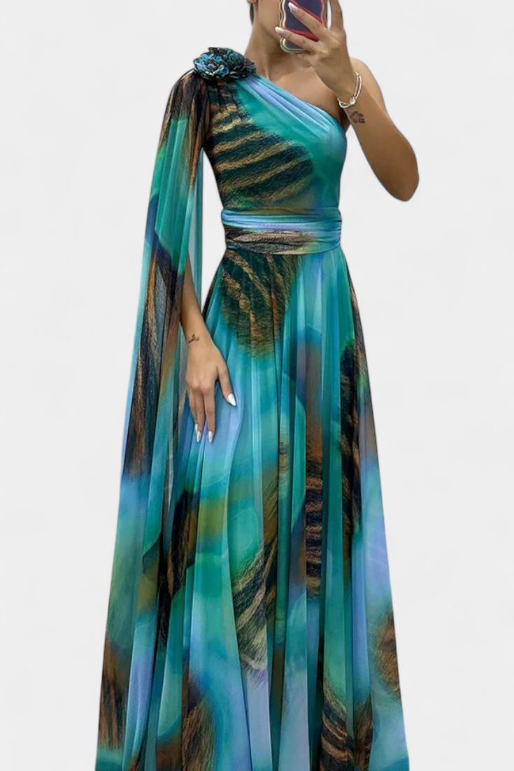 Nives Haljina Duga s Jednim Ramenom s Cvjetnim Detaljom