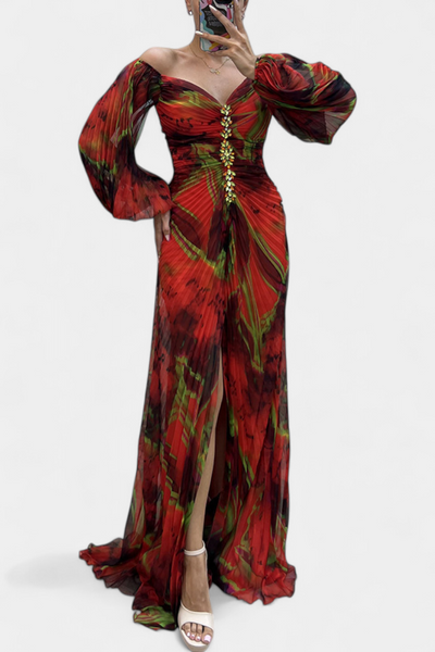 Leona Maxi Haljina s Plisiranjem, Dugim Rukavima i Vibrantnim Uzorkom