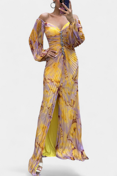 Leona Maxi Haljina s Plisiranjem, Dugim Rukavima i Vibrantnim Uzorkom