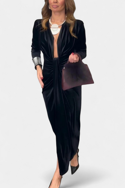 Vilma Duga Haljina od Zlatnog Baršuna s V-Izrezom