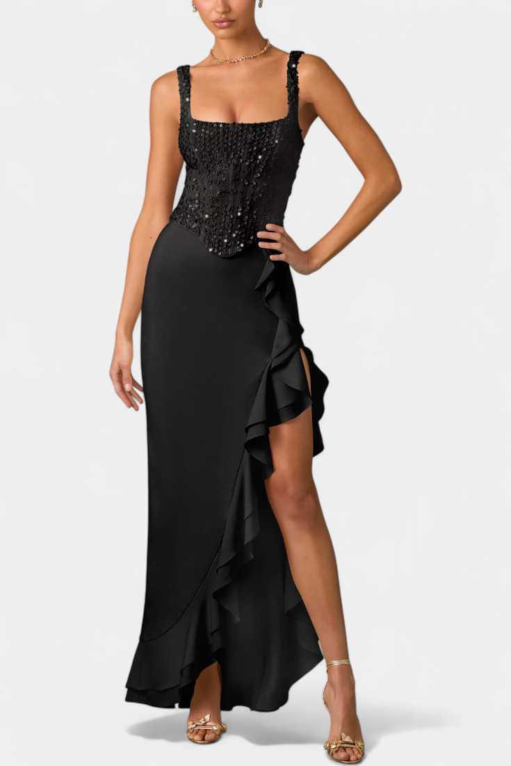 Filipa Midi Haljina s Korsetom i Asimetričnim Volanima