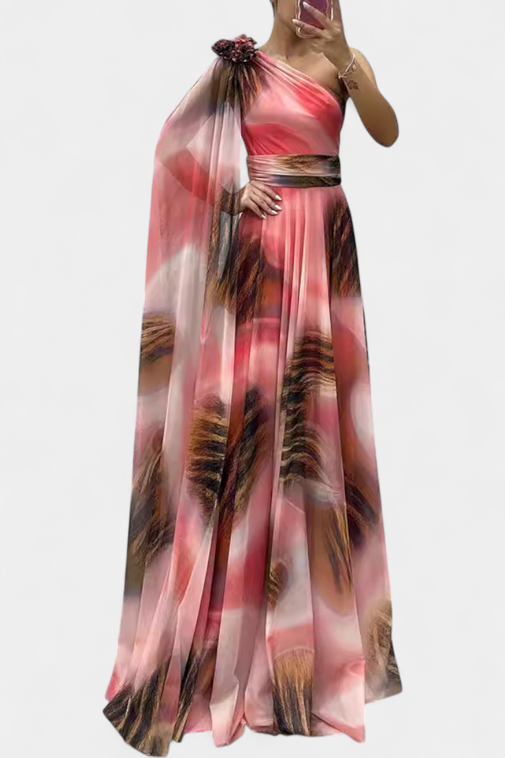 Nives Haljina Duga s Jednim Ramenom s Cvjetnim Detaljom