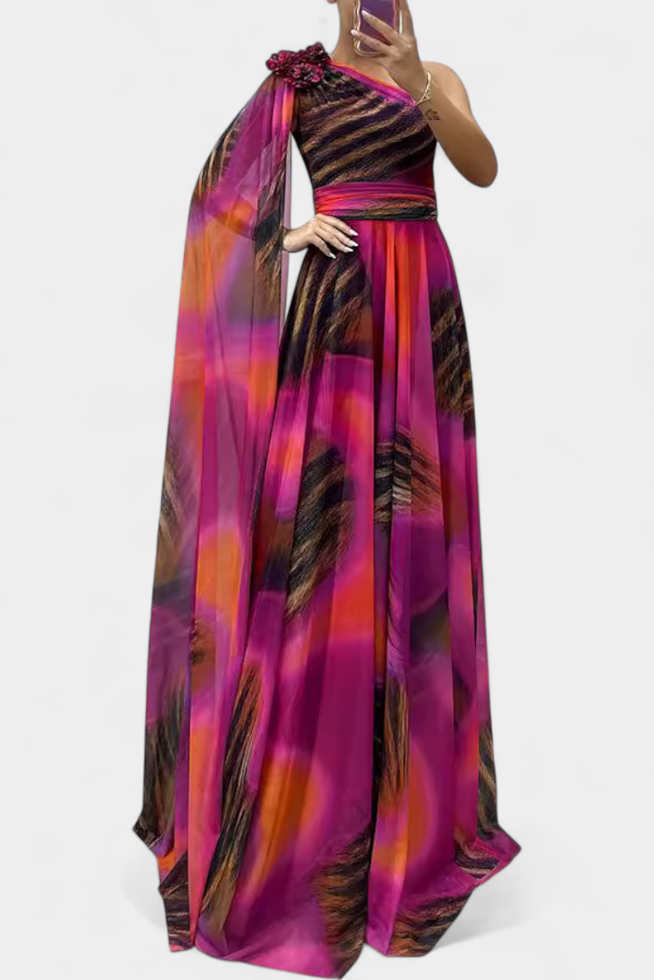 Nives Haljina Duga s Jednim Ramenom s Cvjetnim Detaljom