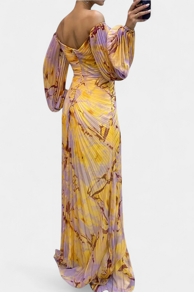 Leona Maxi Haljina s Plisiranjem, Dugim Rukavima i Vibrantnim Uzorkom