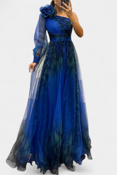 Natalija Maxi Haljina od Chiffona s Otkritim Ramenom i Voluminousom Ruzom